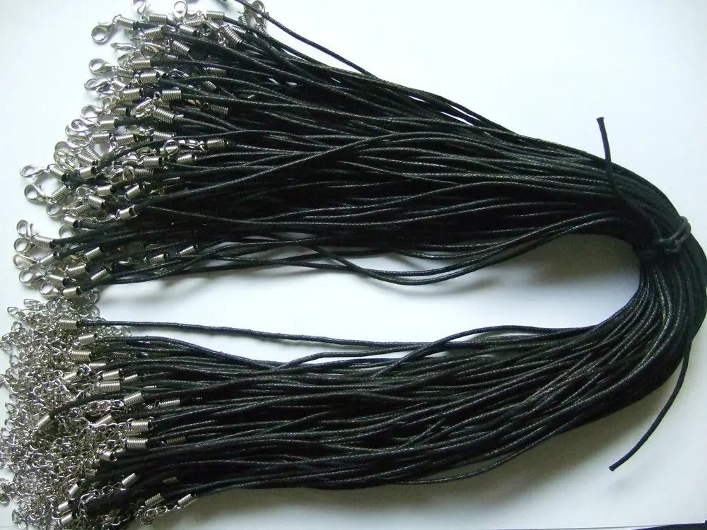 

50 Black Waxed Cotton Pendant Necklace Cord 20''/1.5mm plus Extension Chain