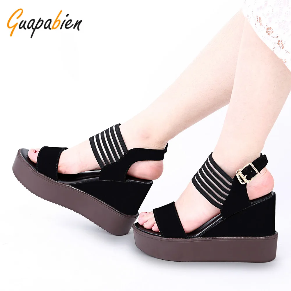 Guapabien Casual Open Toe Elastic Buckle Ladies Platform Wedge Sandals Color Block Strap Design 