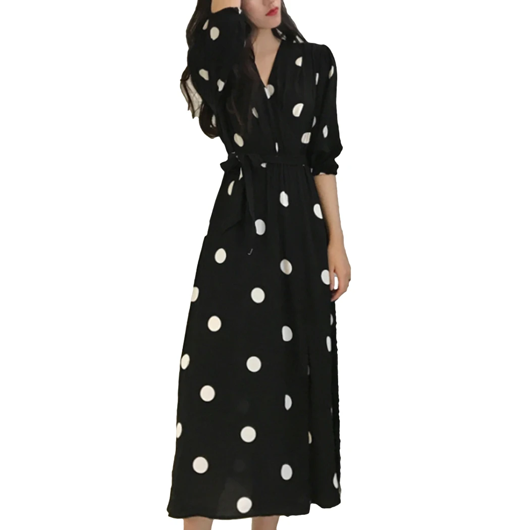 

Plus Size Casual Half Sleeve Polka Dots Dress Summer Women V-Neck Dress Fashion Korean Elegant Ladies Long Dress Vestidos Female