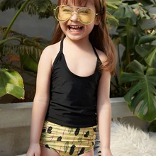 Детские костюмы из двух предметов купальный костюм с высокой талией и принтом детская одежда для плавания с ремешками Детская летняя пляжная одежда