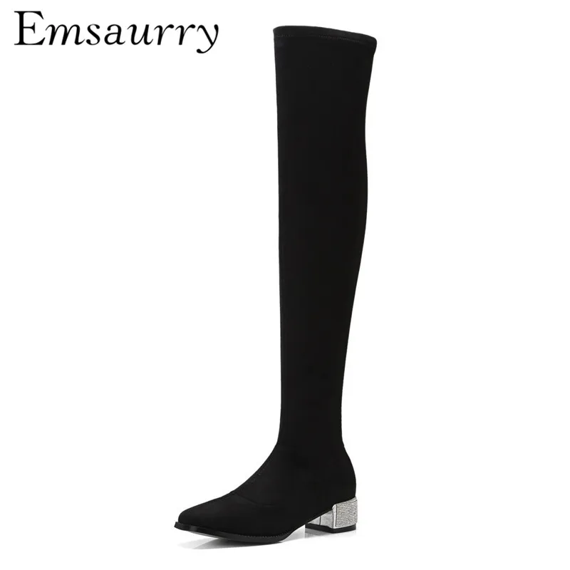 

Concise Over The Knee Boots Women Jewelled Square Heel Side Zip Round Toe Fashion Autumn Winter Botas Mujer