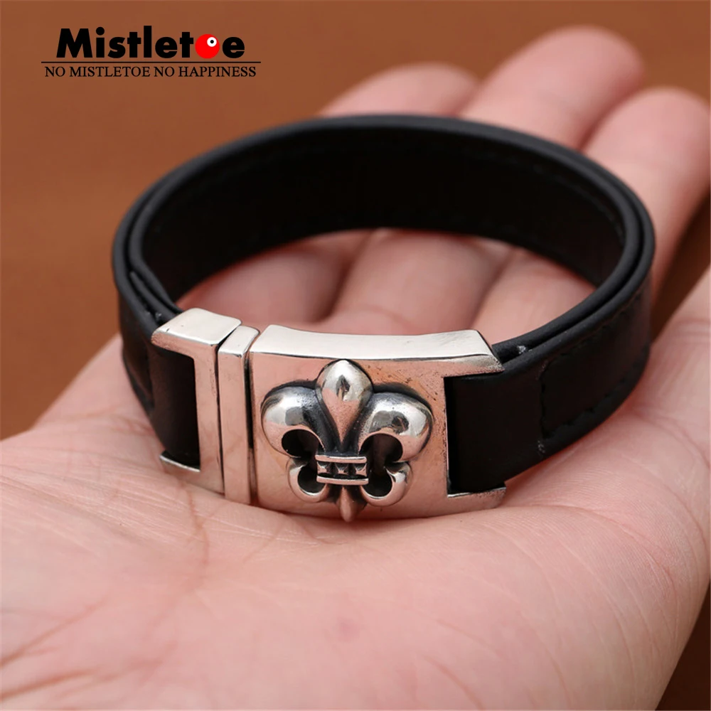 

Authentic 925 Sterling Silver Vintage Punk Locomotive Cross Flower Leather 18cm Bracelet For Women & Men Jewelry