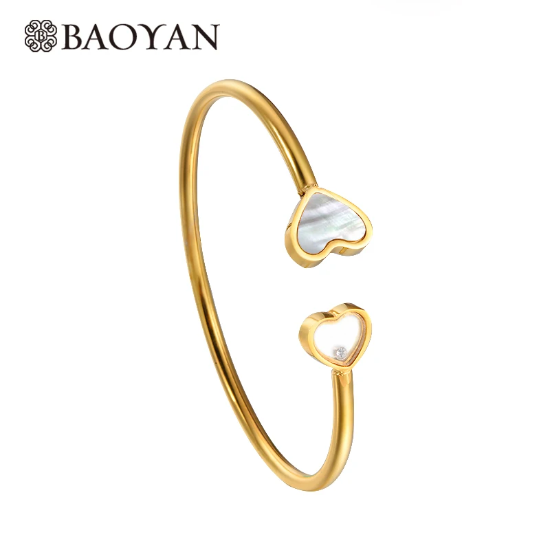 

Baoyan Open White Shell Crystal Double Heart Bangles For Women Gold Cuff bracelets Bangle Love Gift Stainless Steel Jewelry