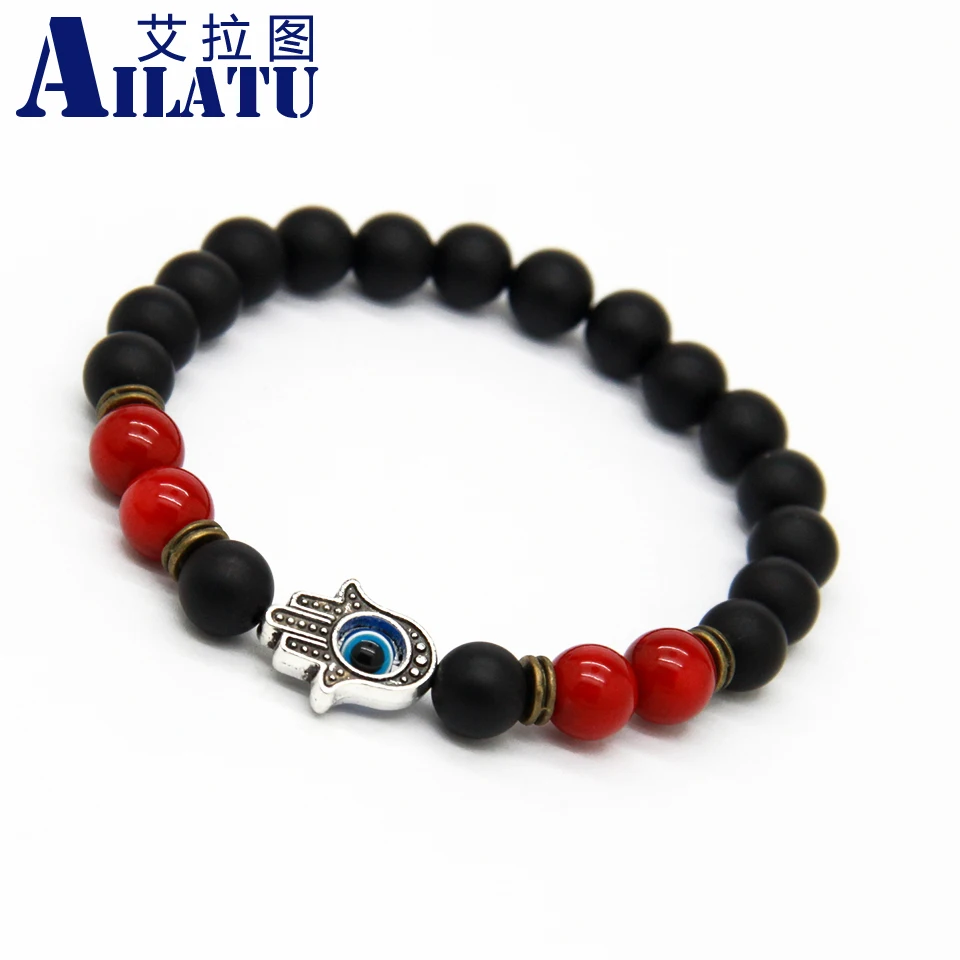 

Ailatu Muslim Religious Features 8mm Imitated Red Coral & Matte Stone Beads Protection Hamsa Hand Bracelet