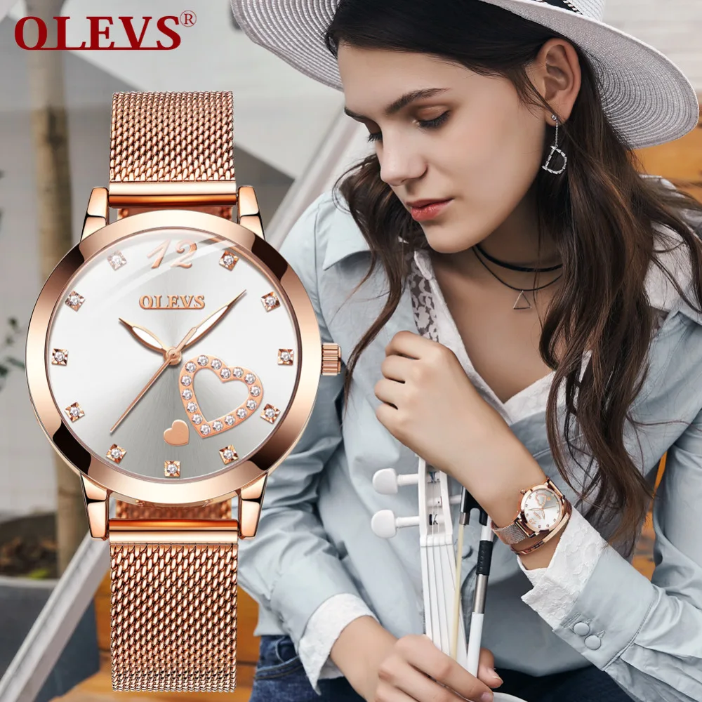 

OLEVS Watch Women Luxury Dress Brand Quartz Waterptoof Heart Shape Rose Gold Diamond relogio feminino Dress Clock female relojes