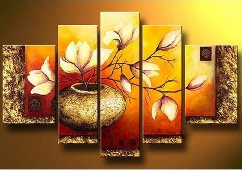 5 Piece Hand Painted Flower Oil Painting on Canvas Modern Abstract