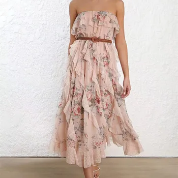 

Australia Designer Brand Dress for Women Sexy Strapless Floral Mosaic Ruffle Print long Dress