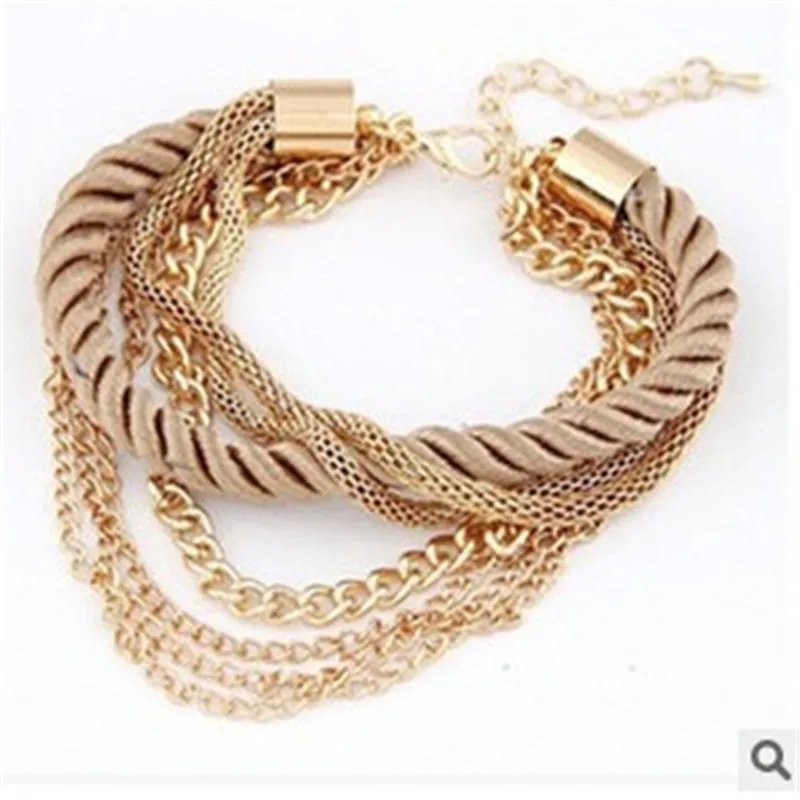 Popular luxury handmade braided rope multi layer metal chain bracelet