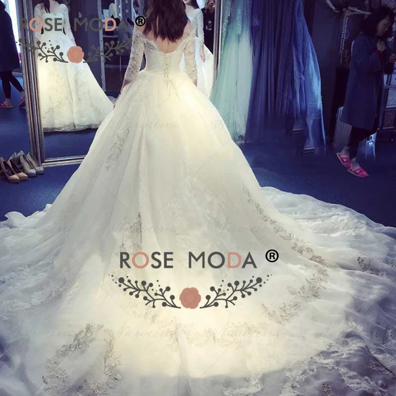Роза Moda Роскошные Одежда с длинным рукавом принцесса свадебное платье 2019 Шантильи кружевное свадебное платье длинным шлейфом