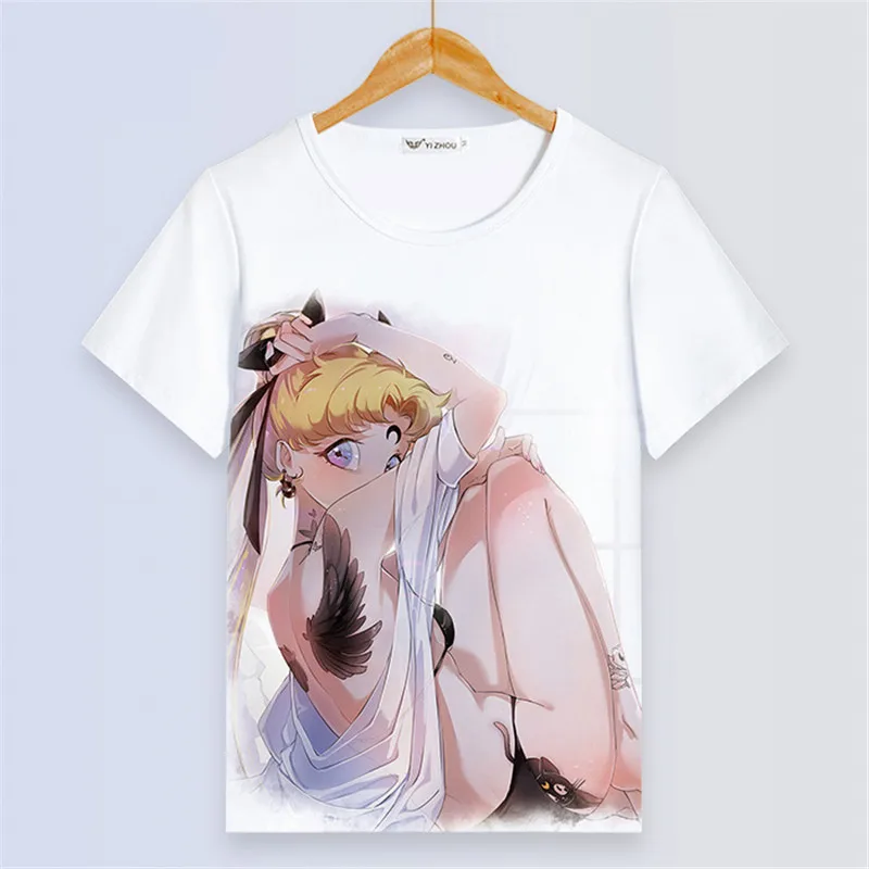 Сейлор Мун Сексуальная Женская белая футболка Kawaii Luna Cat Painting Femme Футболка с