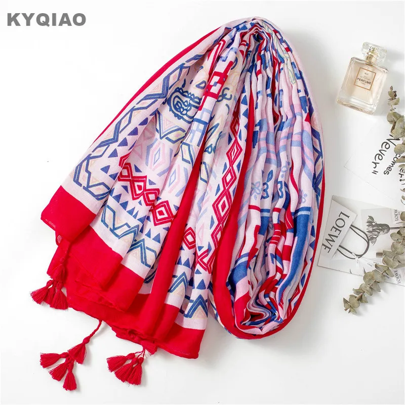 Kyqiao геометрическим принтом шарф для женщин Осень-весна Испания Стиль этнические хиппи Длинные асимметричные печати шарфы Глушитель