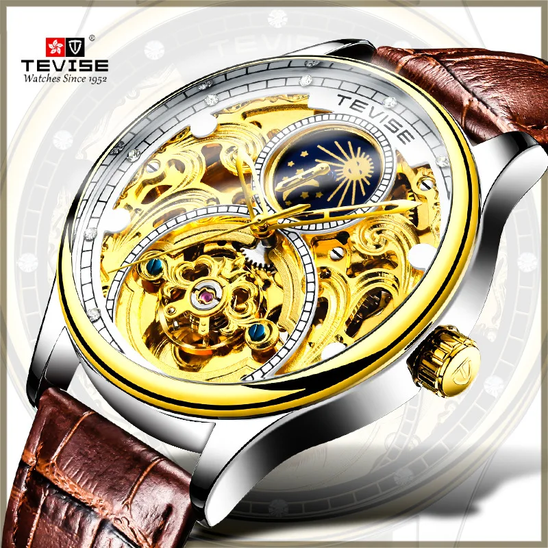 

TEVISE Luxury Brand Tourbillon Automatic Mechanical Watches Men Self Wind Leather Moon Phase Mens Wristwatches erkek kol saati