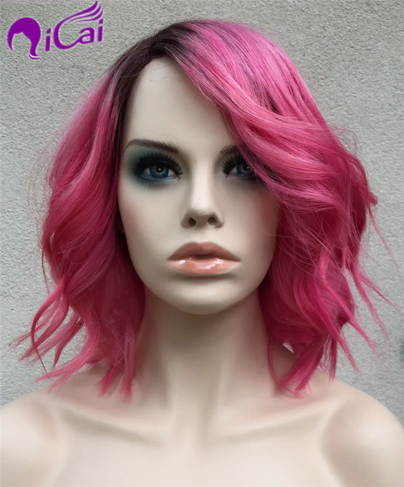 130 Density Pink Ombre Lace Front Human Hair Wigs Loose Curl Wigs