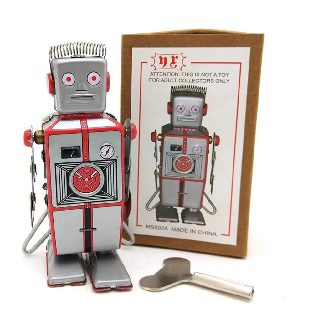 Vintage Wind Up Robot 23cm Metal Tin Toys Clockwork Collectible Toys 