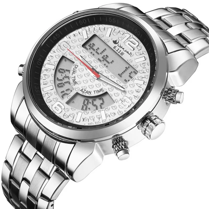 Новинка 6,11, светодиодный цифровой часы из нержавеющей стали с двойным часовым механизмом azan, новые крутые модные кварцевые часы Arabia для мужчин