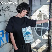 Летние Для женщин высокое уличный стиль Свободный О шеи Бат короткий рукав Лоскутная футболка Топы женские большие Размеры личности Рубашки