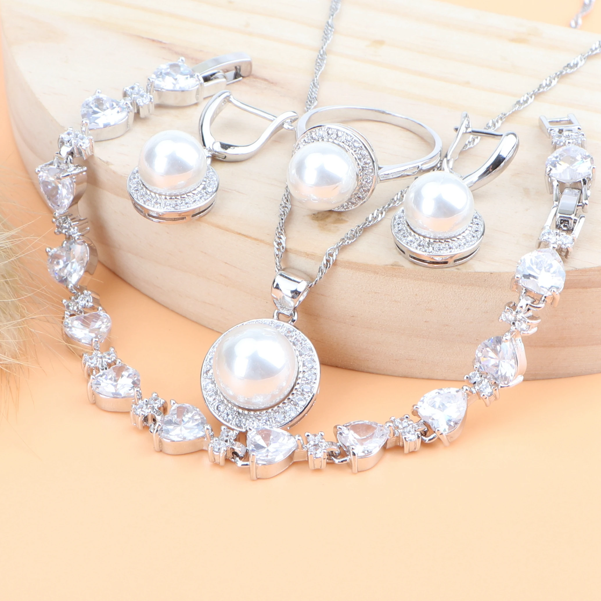 

Zirconia Wedding Women Pearl Silver 925 Bridal Jewelry Sets Costume Earrings Rings Pendant Necklace Bracelet Set Gift Box