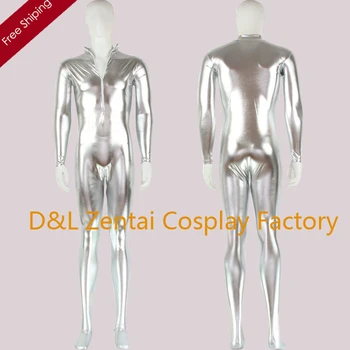 

Free Shipping DHL Sexy Silver Shiny Metallic Zentai Catsuit No Hood For Party Events SMSC405