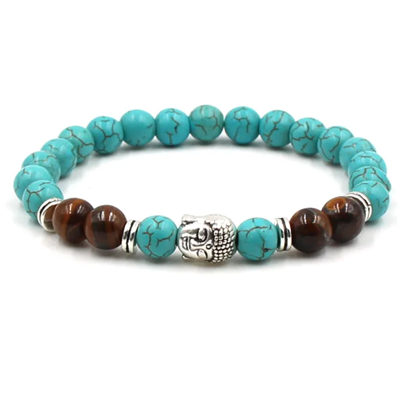 Blue Turquoise Buddha Cross Owl Skull Beaded Elastic Yoga Men Healing Bracelets