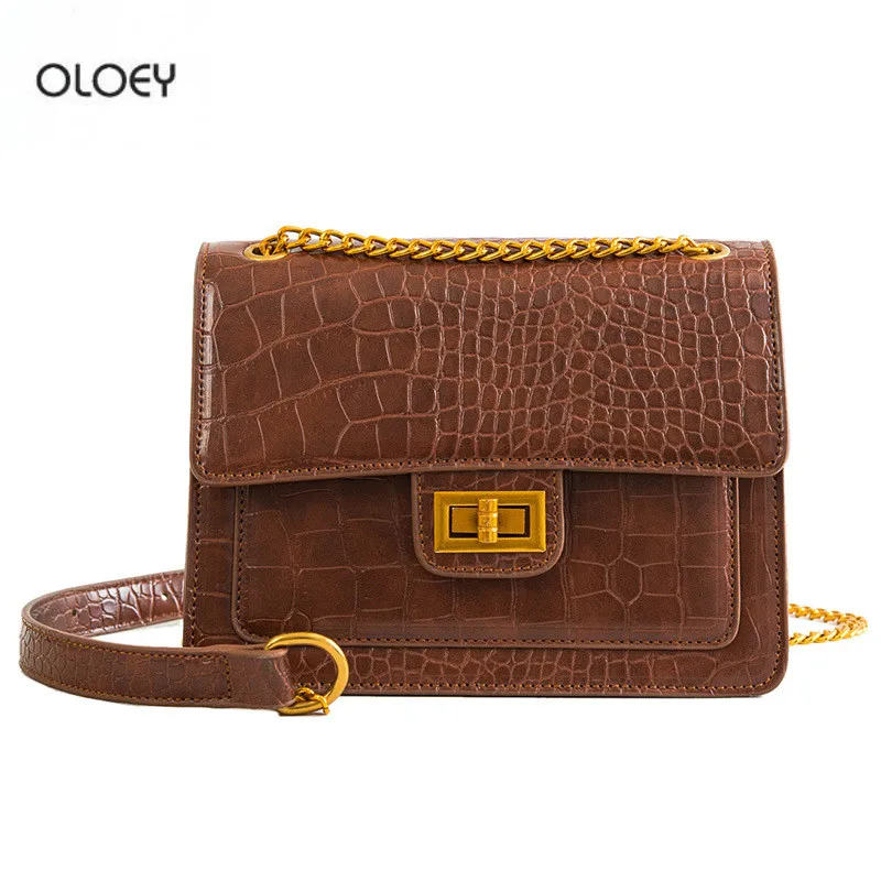 

OLOEY Women's New Stone Pattern Bag Locked Square Bag Vintage Chain Shoulder Bag Crocodile Leather Pattern Crossbody Bag