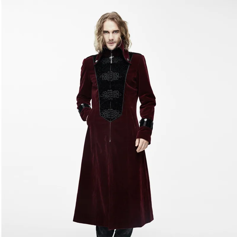 

Steampunk Men's Fit Chest Embroidered Buttons High Collar Zip Jacket Dark Retro Casual Inelastic Thick Warm Coat Black Red