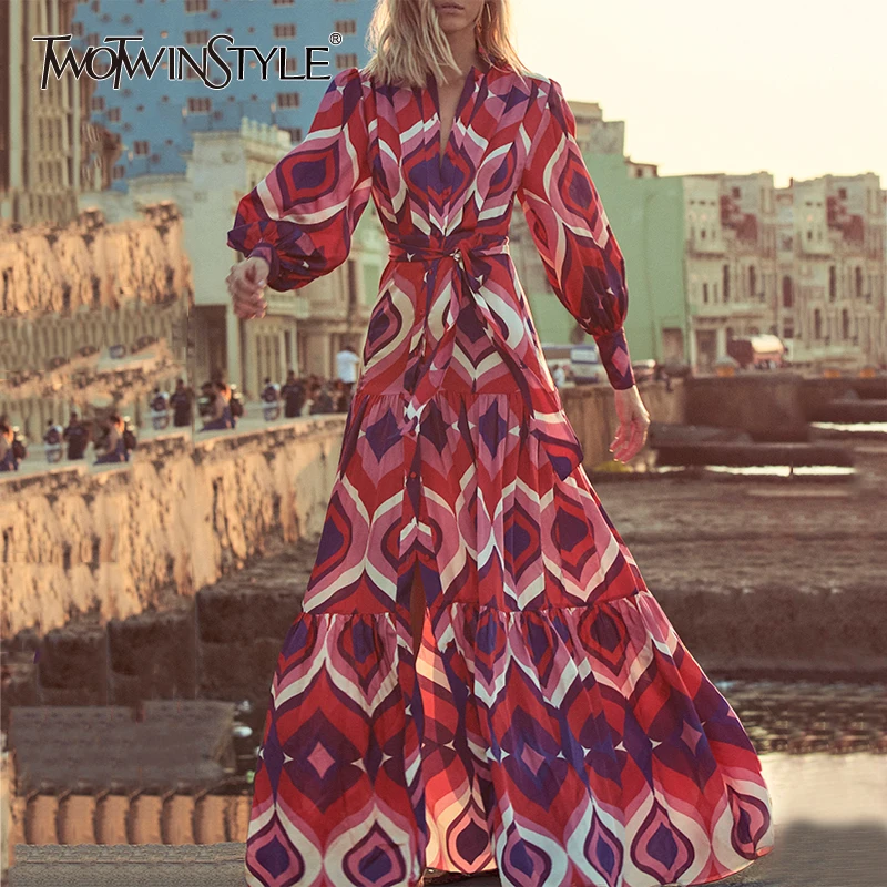 

TWOTWINSTYLE Geometric Print Dress For Women Stand Collar Lantern Sleeve High Waist Bandages Dresses Female Fashion Summer 2019