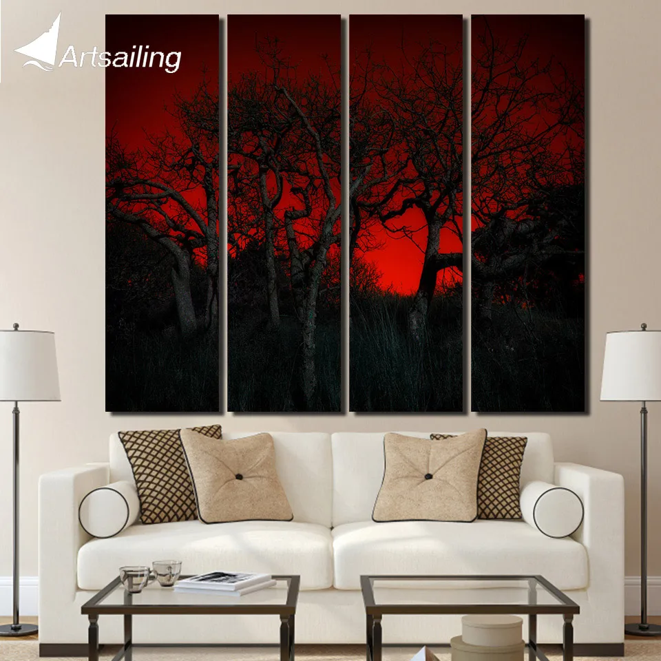 

4 piece Printed dead tree dark landscape red black wall art Painting Canvas posters and prints home decor Free shipping/up-1314C