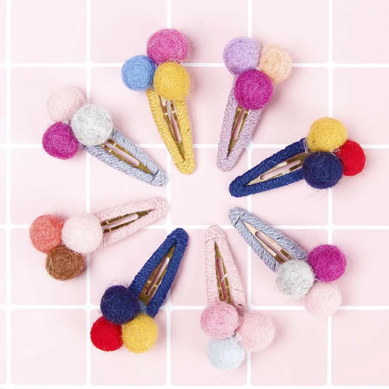 20Pcs Boutique Cute Felt Pom Pom Barrettes Hairpins Solid Random Color