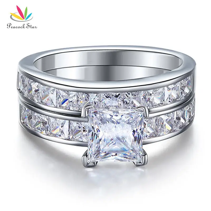 Tanie Peacock Star Solid 925 Sterling Silver 2 częściowy zestaw pierścionków zaręczynowych 1 Ct Princess Cut Jewelry CFR8020