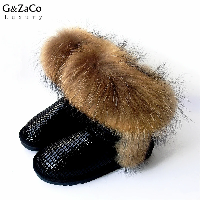 

Cowhide Snow Boots Genuine Leather Snow Bootes Ankle Big Natural Fox Fur Raccon Fur Boots Black Waterproof Winter Shoes