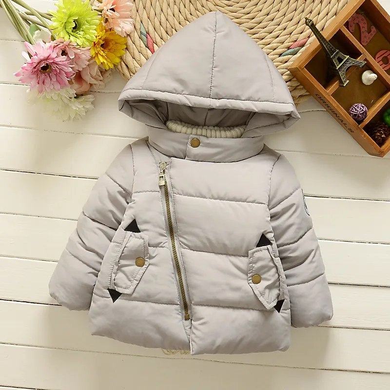 Стеганая зимняя куртка верхняя одежда с плюшевой подкладкой для детей косая застежка на молнии пальто средней длины плотное с капюшоном - Цвет: Серый
