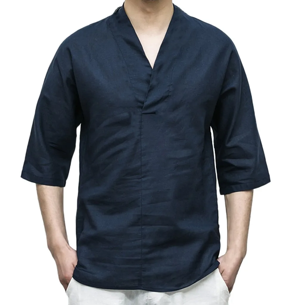 عارضة قمصان للرجال الصلبة الأبيض البلوزات قمم فضفاض V الرقبة ثلاثة الأكمام الربع القطن و قميص كتان الأعمال Blusa زائد حجم عارضة قمصان للرجال الصلبة الأبيض البلوزات قمم فضفاض V الرقبة ثلاثة الأكمام الربع القطن و قميص كتان الأعمال Blusa زائد حجم