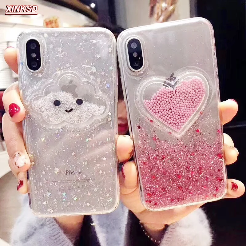 

Liquid Heart Glitter Smile Face Clouds Phone Case For iPhone 6 6s 7 8 Plus X XS 11 Pro Max Ice Cream Soft TPU Dynamic Bead Cover