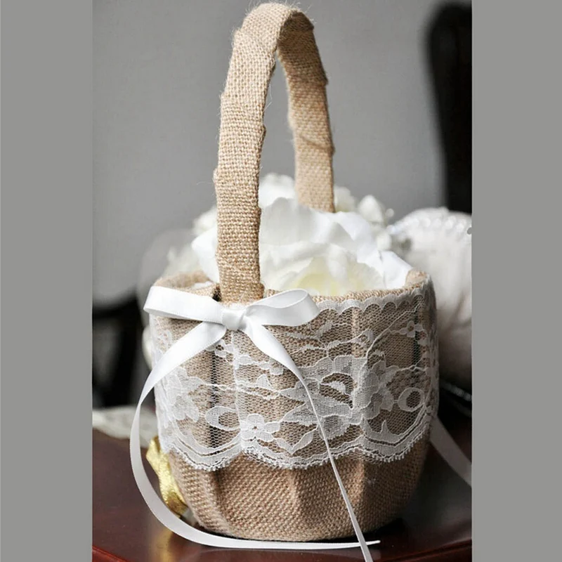 Vintage Wedding Basket And Lace Flower Girl Basket Romantic Hessian