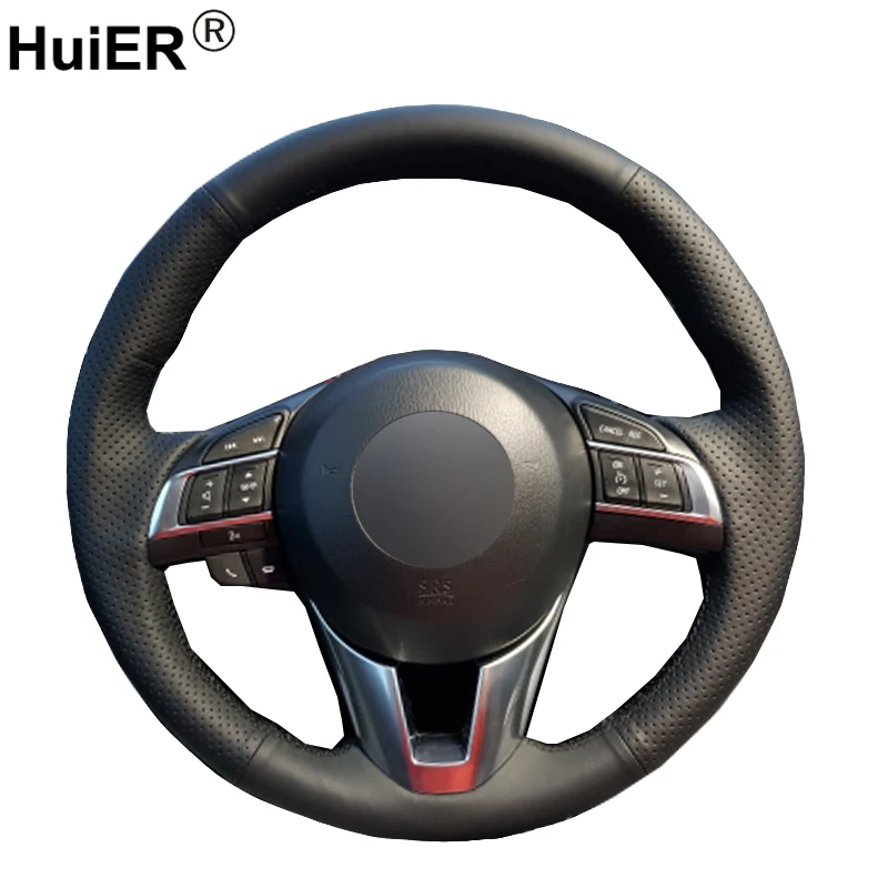 HuiER ручной пошив чехол рулевого колеса автомобиля черная кожа для Mazda CX-5 CX5 Atenza Mazda 3 CX-3 Scion iA