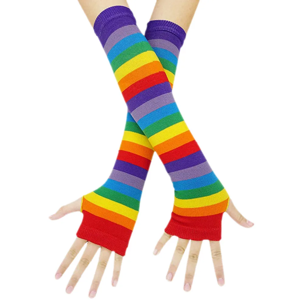Модные гетры до локтя без пальцев, зимние перчатки цвета радуги для женщин, длинный костюм Санты, рождественские подарки для девочек, 18Nov - Цвет: Multicolor
