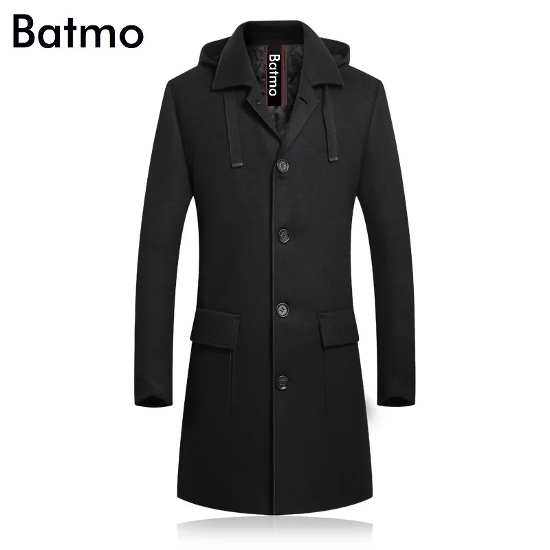 BATMO Новое поступление зимнее высококачественное шерстяное толстое Мужское пальто с капюшоном, мужская зимняя куртка со съемным капюшоном 8029 - Цвет: Черный