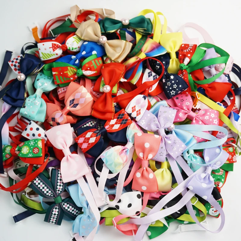 

(100 pieces/lot) Cute Dog Bow Tie 10 Styles Handmade Ribbon Cat Neck Tie Small Large Dog Accessories 81 Colors Pet Supplies