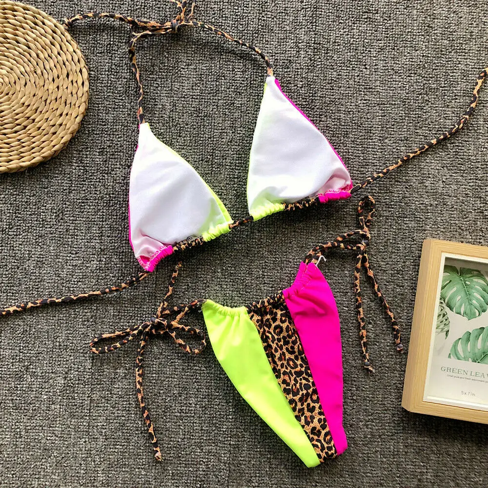 Леопардовое лоскутное бикини сексуальное Бандажное мини-бикини с трусиками Танга бикини женский купальник Бразильский купальный костюм
