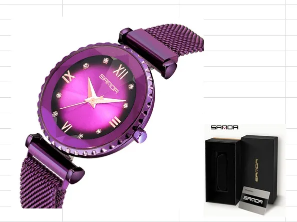 purple with box Sanda бренд 1013 роскошный магнит из нержавеющей стали сетчатый ремешок дамское платье модные Кристальные кварцевые женские часы браслет - Цвет: purple with box