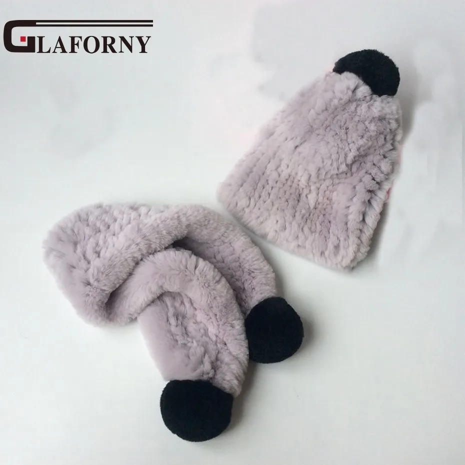 

Glaforny 2018 New Rex Rabbit Fur Hat and Scarf Set for Kids Winter Warm Fur Muffers Caps Fur Balls