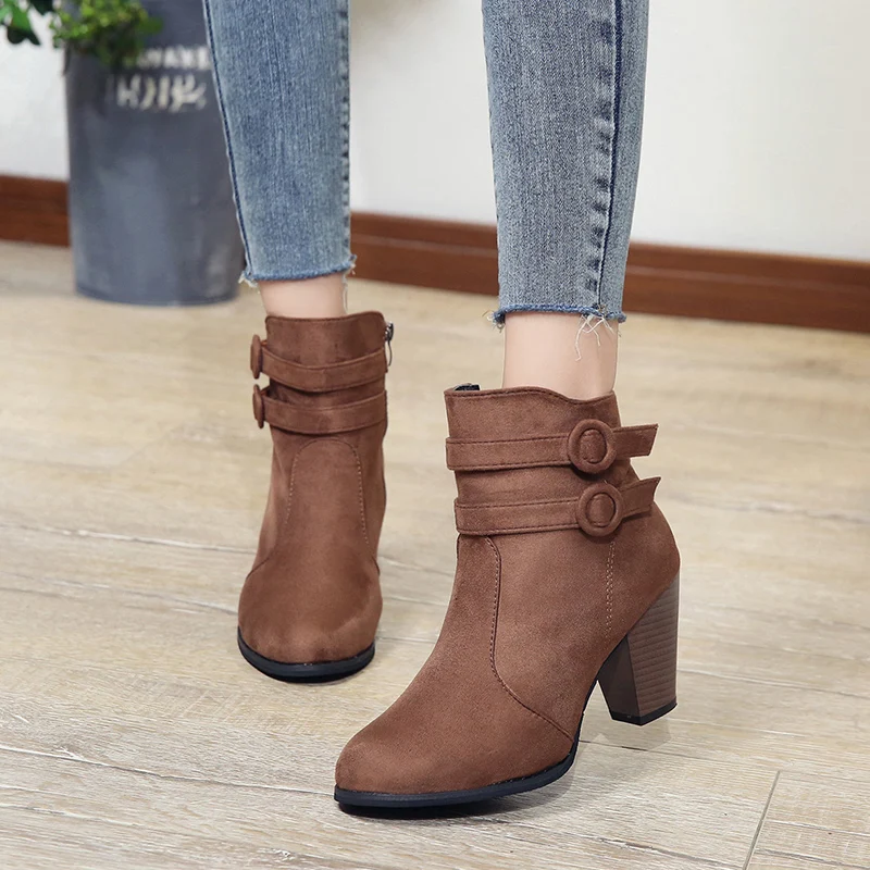 

2018 F Faux Suede Ankle Boots Women Thick High Heels Winter Shoes Woman Booties Botines Feminina Plus Size Botas Mujer