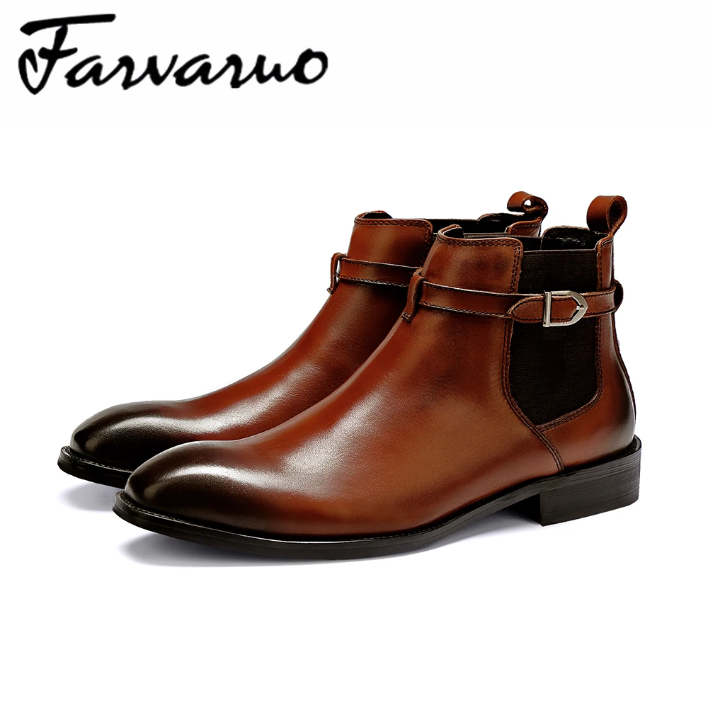 

Farvarwo Genuine Leather Pointed Toe Ankle Chelsea Boots Mens British Retro Shoes Comfortable Fashion Spring Autumn Dress Shoes