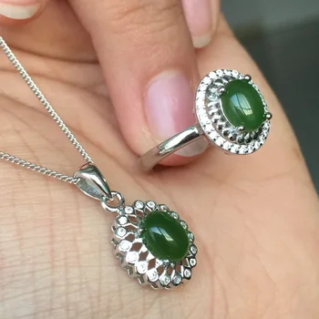 

MeiBaPJ Classic Natural Nephrite Jade Gemstone Jewelry Set 925 Sterling Silver 2 Siut Green Stone Fine Jewelry for Women