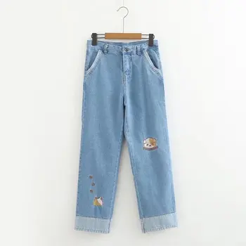 

Women Cartoon Cute Puppy Embroidery Jean Pants High Waist Full Length Pants Patchwork Panelled Casual Denim Pants Woman Trousers