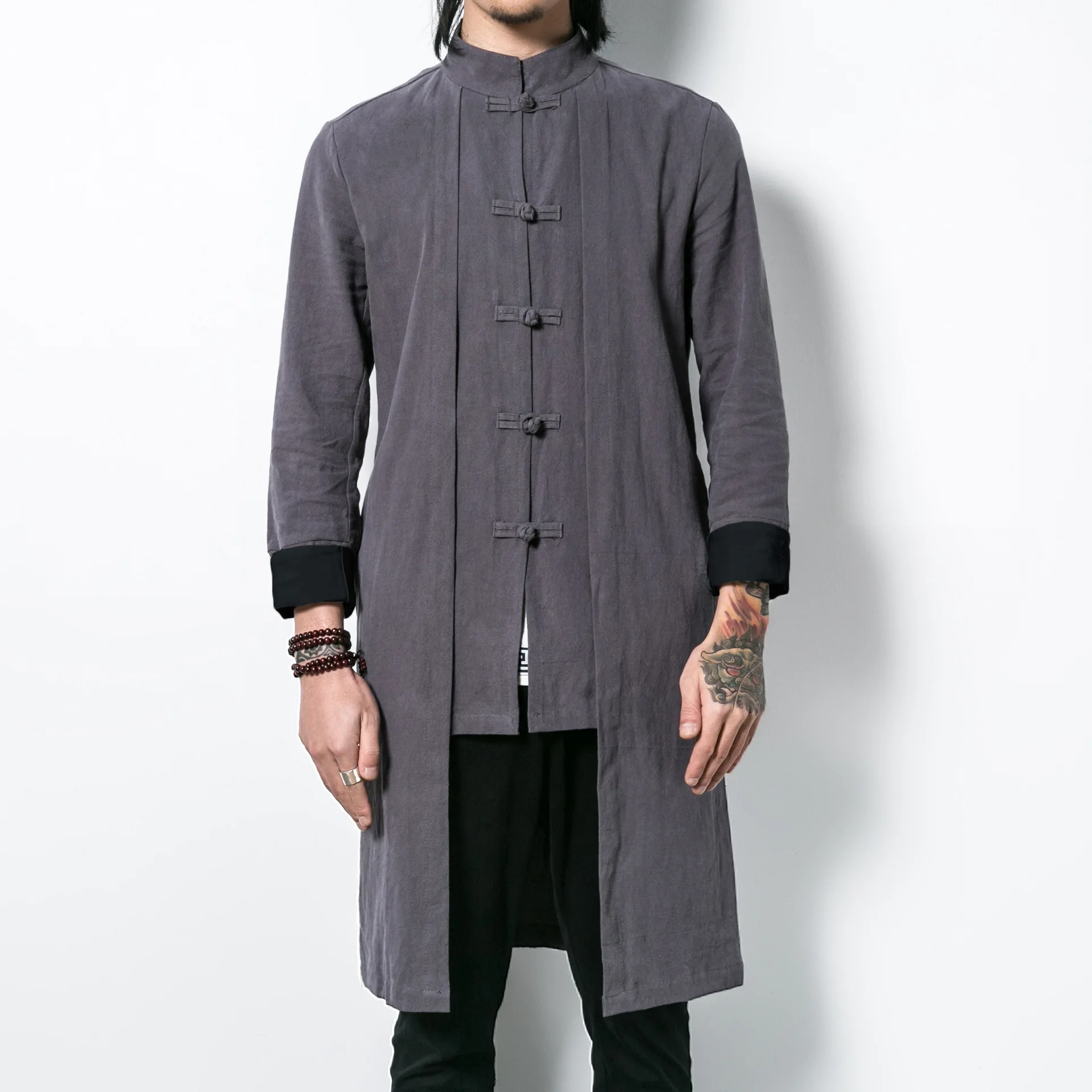 Mens Traditional Chinese Clothing Autumn Cotton Linen Long Trench Kung Fu Tai Chi Master Costume Male China Jacket CN-103