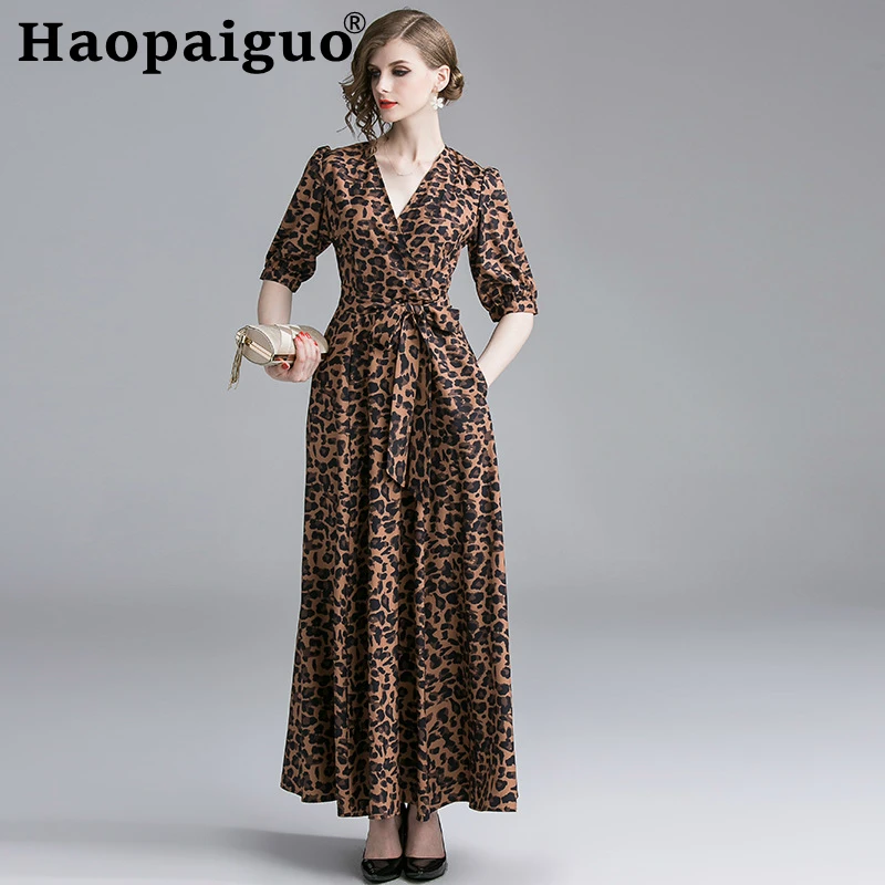 

S-XXL Plus Size Print Leopard Dress Women Sashes Corset Loose Casual Vintage Long Dress Women Summer Long Sleeve Dress 2019 Robe
