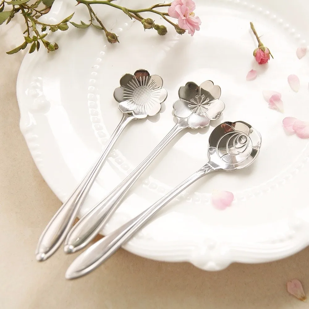 4pcs Stainless Steel Spoons Cherry Sunflower Blossoms Rose Eustoma Tea