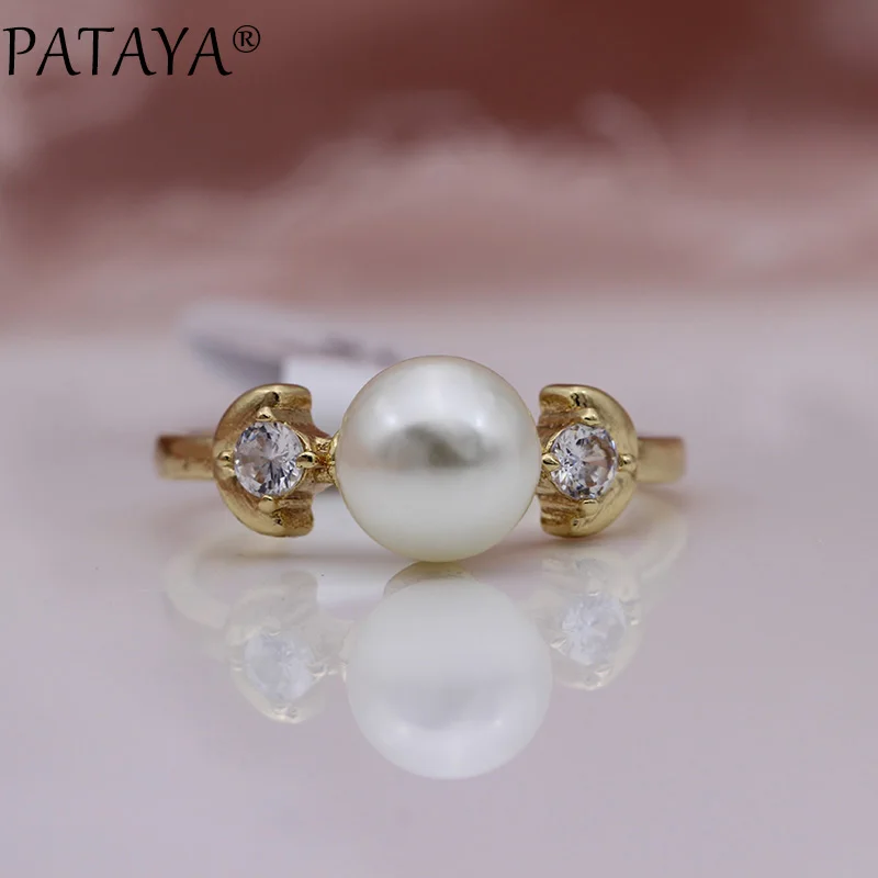 PATAYA, новинка, специальная цена, кольца для женщин, белый искусственный жемчуг, модные ювелирные изделия, 585, розовое золото, оливково-зеленый цвет, натуральное простое кольцо с цирконом