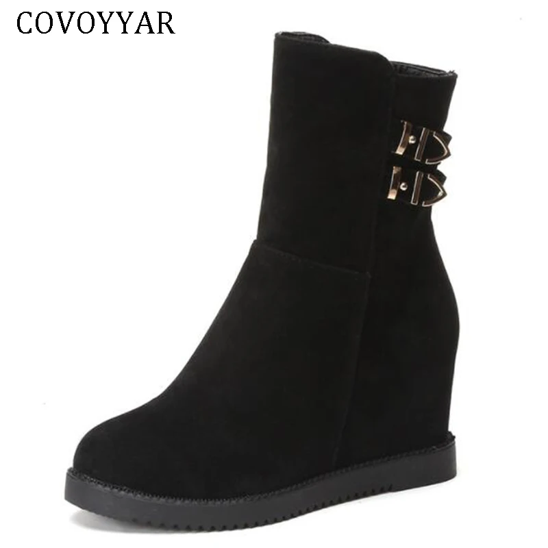 

COVOYYAR 2018 Wedge Women Boots Hidden Heel Height Increasing Autumn Winter Casual Shoes Buckle Lady Black Ankle Boots WBS480